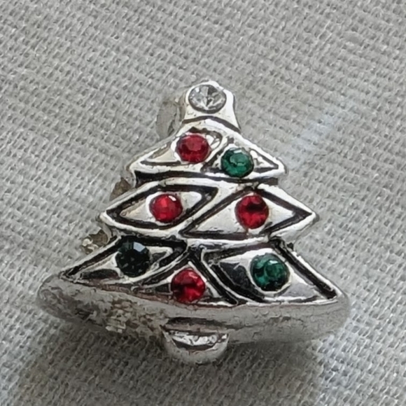 Silver Christmas Tree Charm Red, Green, Clear Stones Fits Certain Pandora - Picture 2 of 2